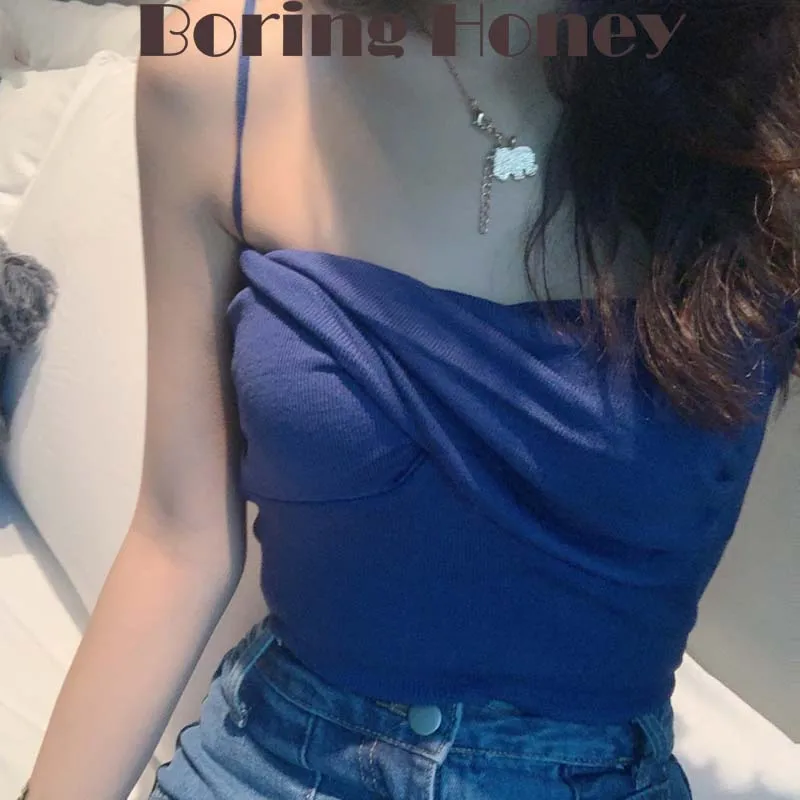 

Boring Honey Women Summer Korean Style Short Slim Basic Top Women Intersect Sling Vest Knitting Base Shirt Woman Clothes