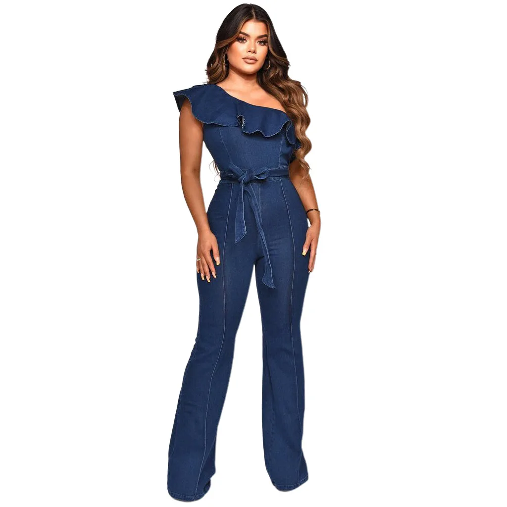 European and American Style Summer Solid Color Female Wide Leg Jumpsuit Washed Chic Sleeveless Denim Long Strappy Jumpsuits