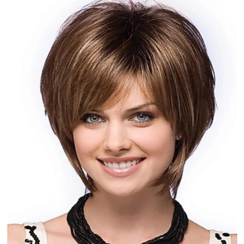 Фото HAIRJOY, женский парик с прямыми челками, стрижка Пикси, искусственные волосы, каштановые, смешанные, Короткие парики, машинное изготовление №4