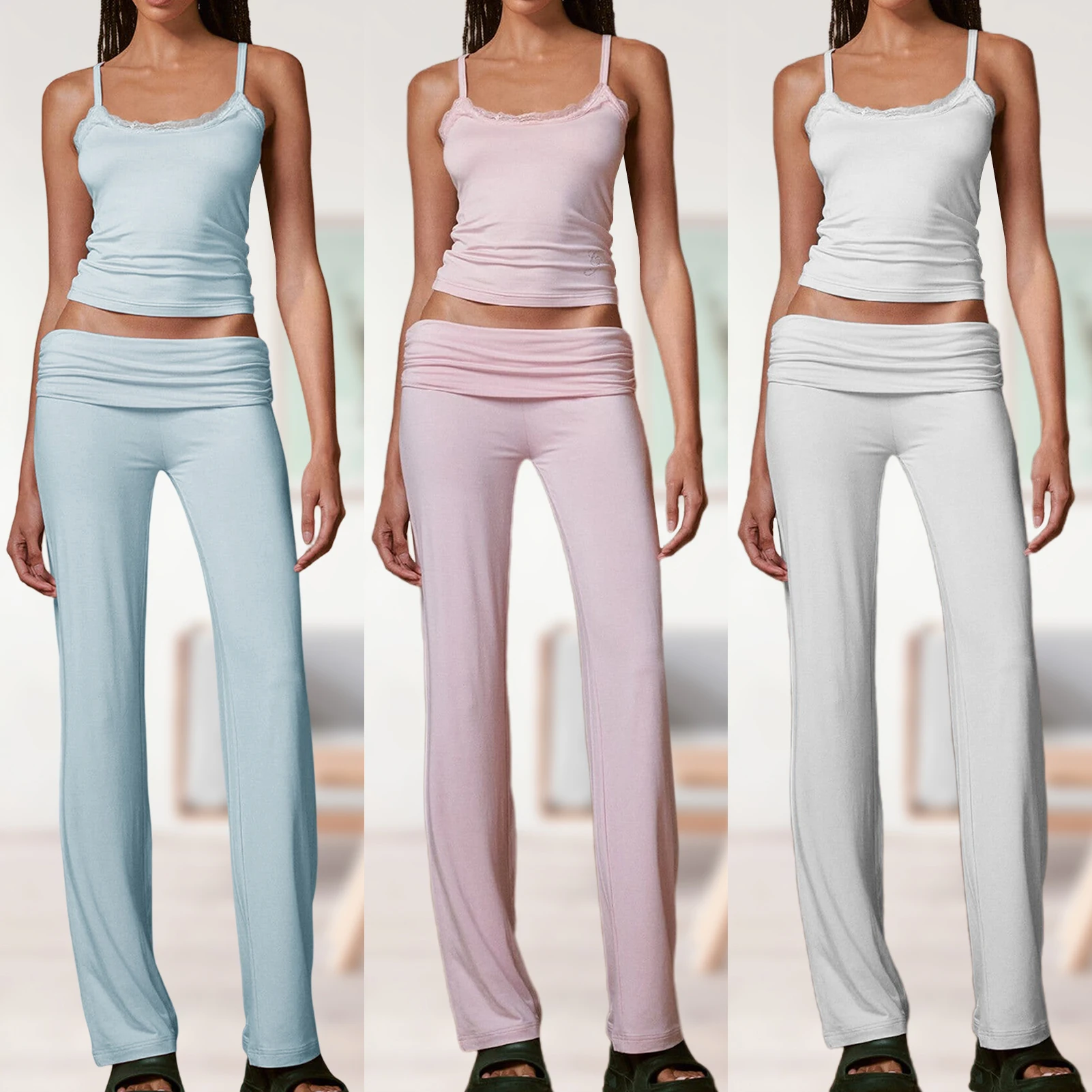 

Women Lace Sling Top Trousers Crew Neck Ladies Spaghetti Strap Top Pants Sexy High Waisted Solid Color Vacation Outfit