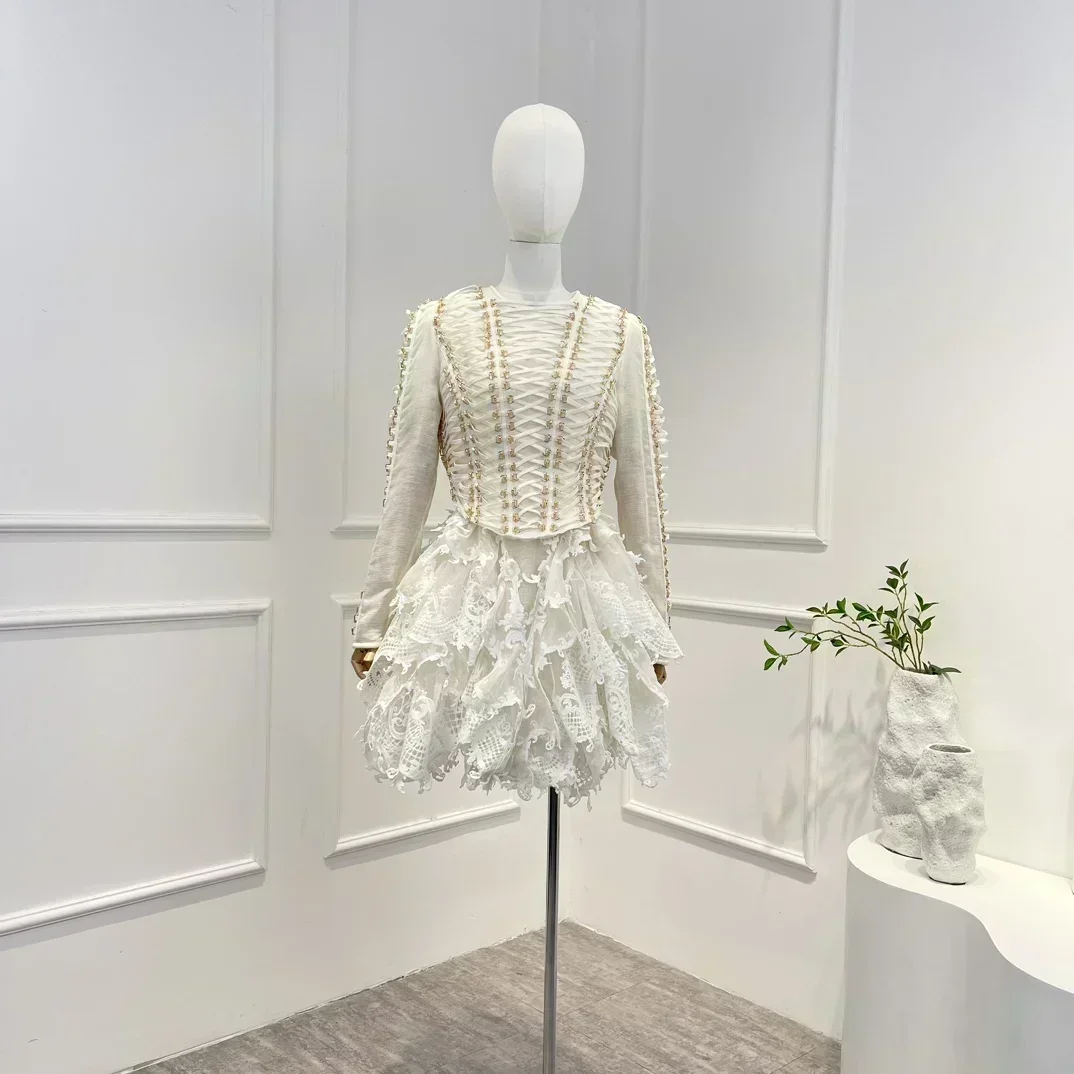 

2023 Top Quality Linen Silk Beige Hook Flower Hollow Lace Pachwork Free Ruffle Cross Court Mini Dresses Women