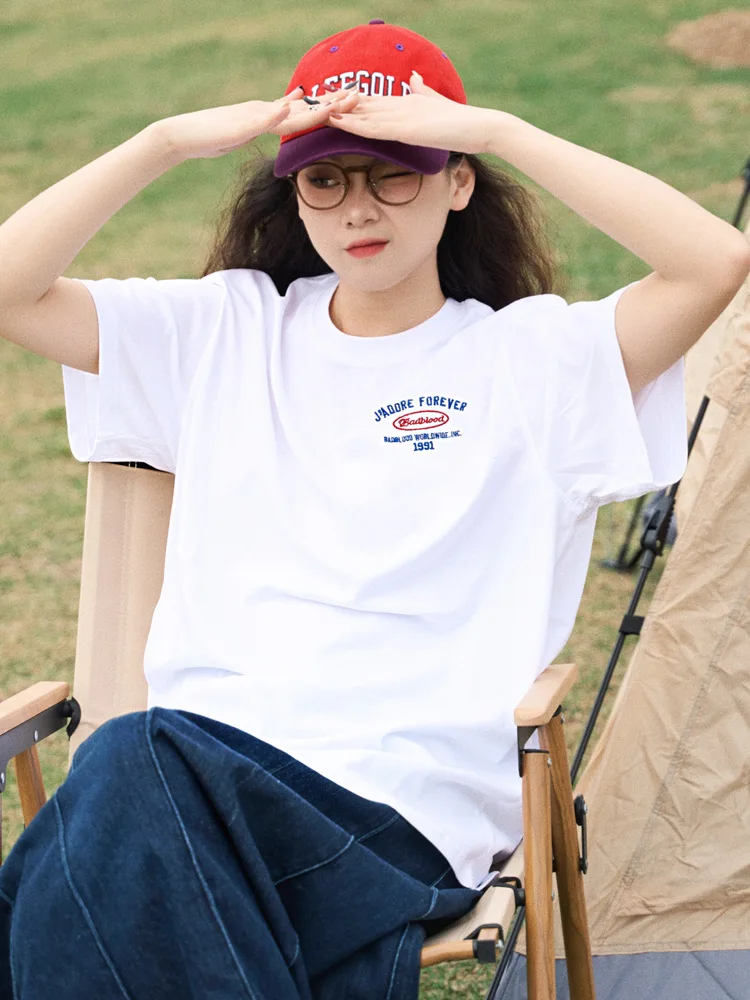 

Красная женская футболка с коротким рукавом и вышивкой Badbl-ood Zhou Yutong The Same Ins Повседневная летняя свободная футболка с коротким рукавом