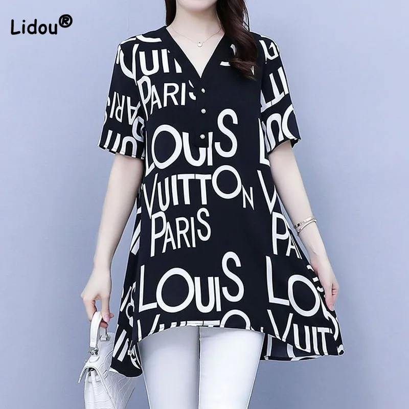 

Fashion Casual Short Sleeve Letter Printed Blouse Female Summer Women's Clothing Korean Button Spliced Loose V-Neck Midi Shirt