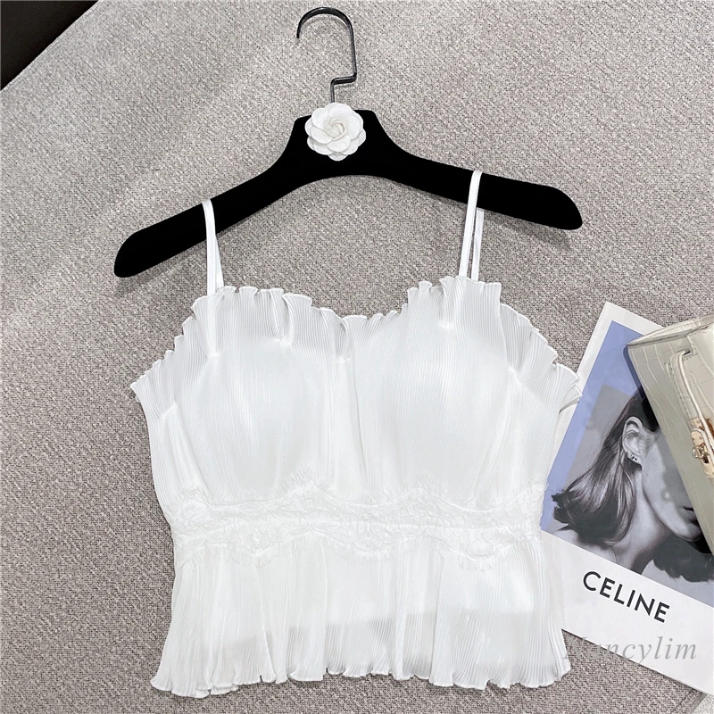 

2022 Summer New Sweet Temperament Lace Pleated Design Sexy All-Matching Spaghetti-Strap Camisole Top for Women