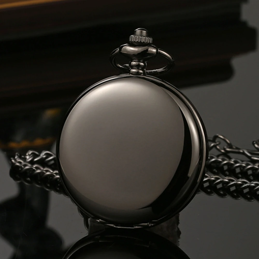 Luxury Black Mechanical Pocket Watch for Men Women Smooth Case Roman Numerals Dial Man Fob Chain Pendant Clock for Collection