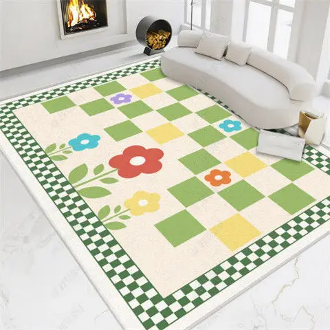 

Checkerboard Flower Carpet Living Room Carpets Bedroom Bedside Non-slip Mat Fresh Pastoral Style Large Rug Study Leisure Rugs