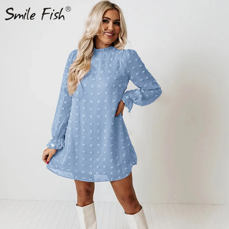 

Loose Casual Dress Vestidos Elegant A Line Lady Dress Woman Clothes Long Sleeve Solid Dress Fashion Dot Pom Pom Dress New G3306