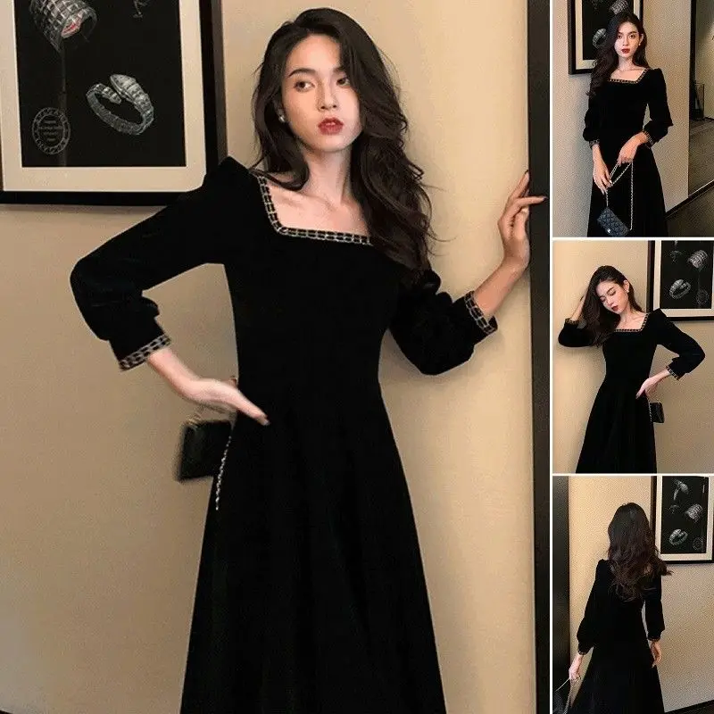 

Autumn and Winter Banquet Dresses Gentle Retro Style Long Skirt French First Love Ladies Xiaoxiang Velvet Dress Women's Clothing