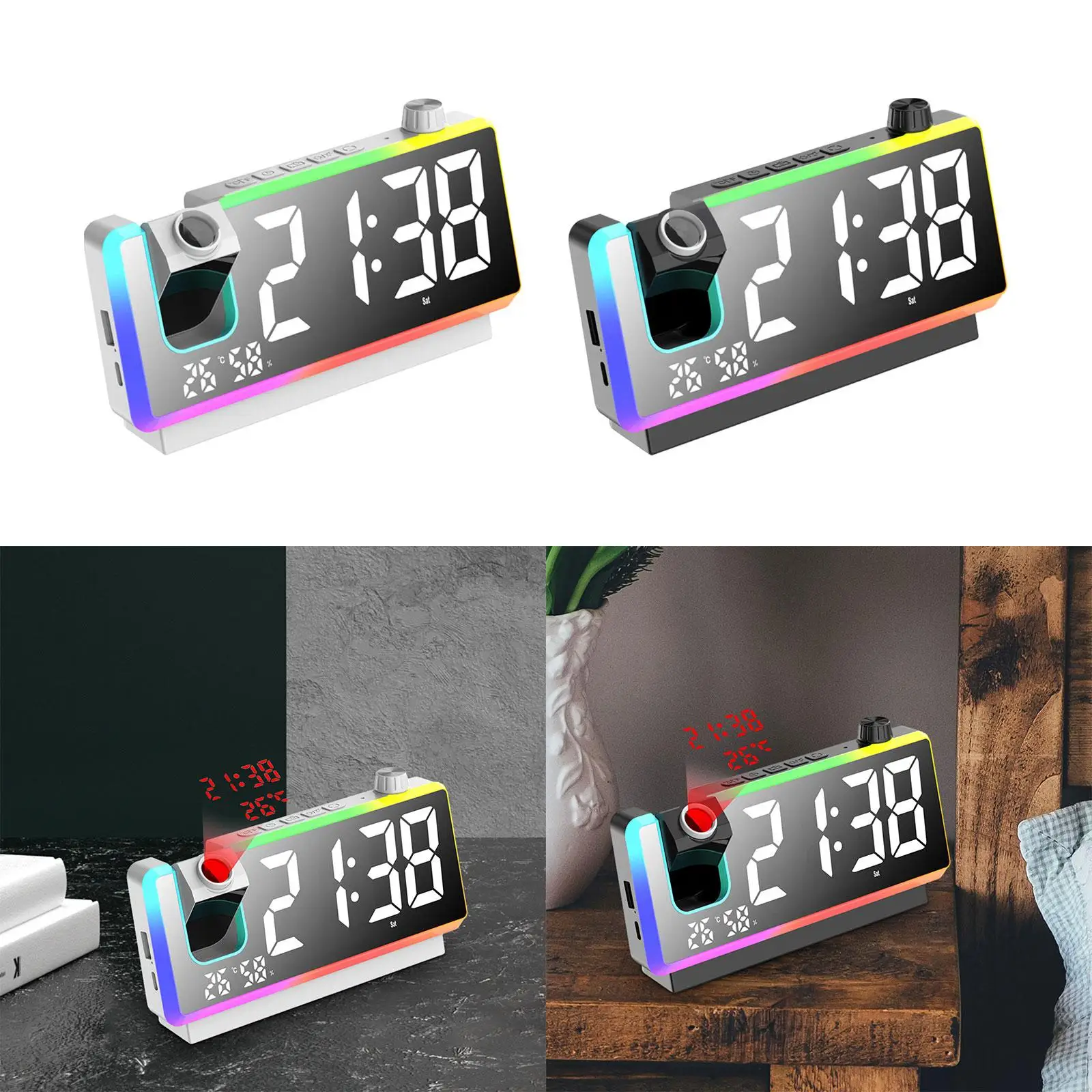 Projection Alarm Clock Rechargeable USB Digital Brightness Adjustable for Nursery Kids Adults Office Living Room Sleepers