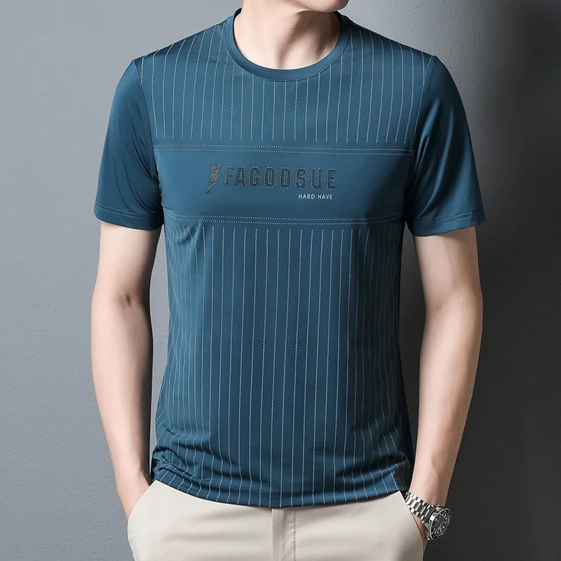 

2023summer New Youth Short Sleevett-shirt Men's Trendy Round Neck Ice Silk T-shirt Men's Striped Half Sleeve Shirt