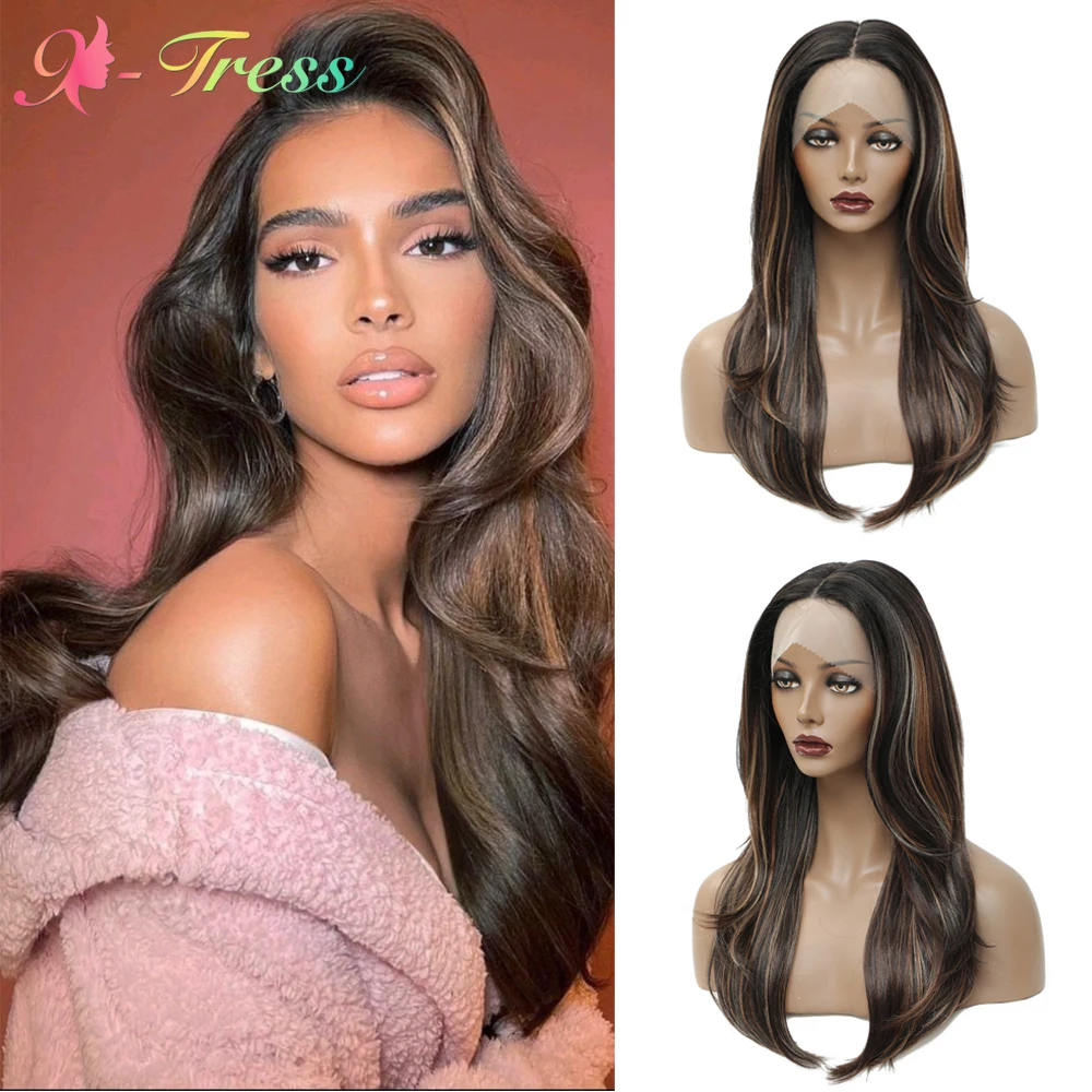 X-TRESS Synthetic Highlight Lace Front Wigs 22 Inch Ombre Brown Natural Wave T Part Transparent Swiss Lace Wig for Black Women