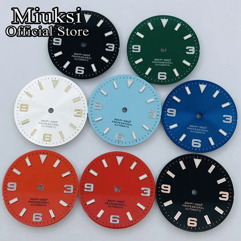 Miuksi 29mm black green yellow red silver orange watch dial luminous fit NH35 NH36 ETA2824 2836 Miyota8215 DG2813 3804 movement