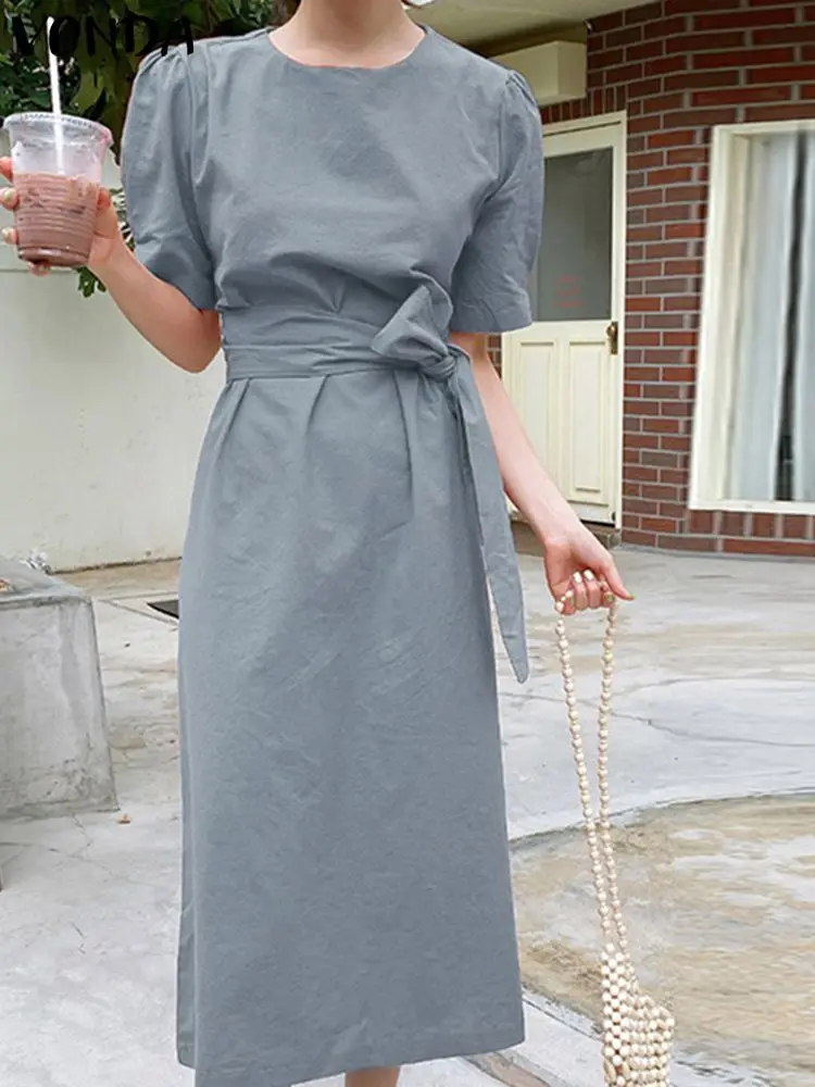 

Women Summer Dress 2023 VONDA Elegant Casual Short Sleeve Belted Midi Sundress Ladies Loose Solid Color Party Vestidos Belted