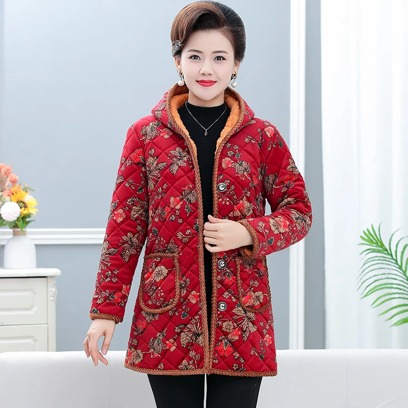 Oriental Winter Aged Women Floral Thermal Quilted Hooded Basic Coat Red Green Navy Blue Thick Fleece Lining Padded Overcoat 2022