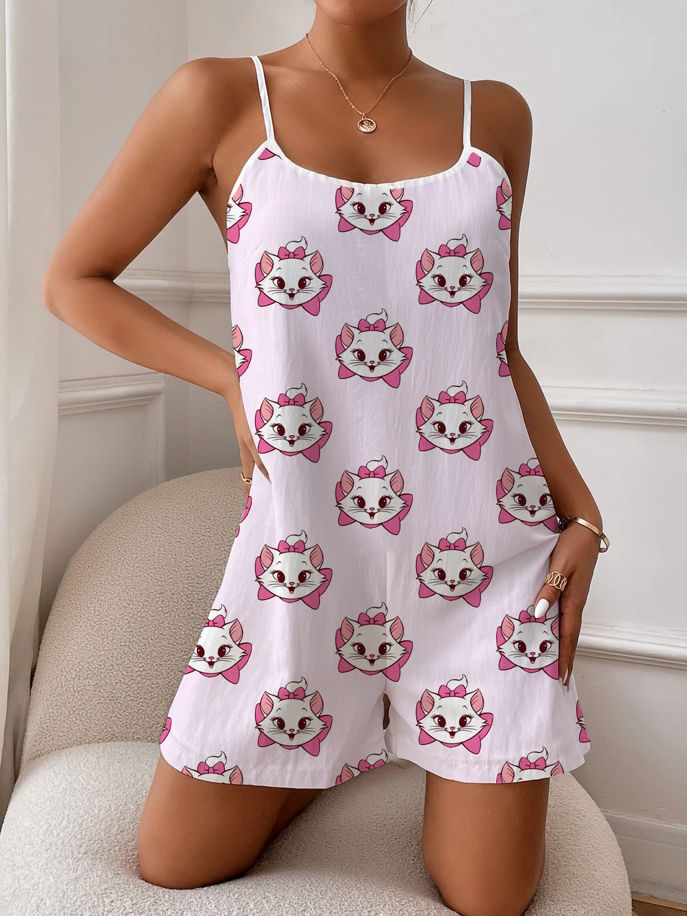 

Summer Disney Mary cat one-piece shorts printed women's casual suspenders casual loose overalls women's new 2023
