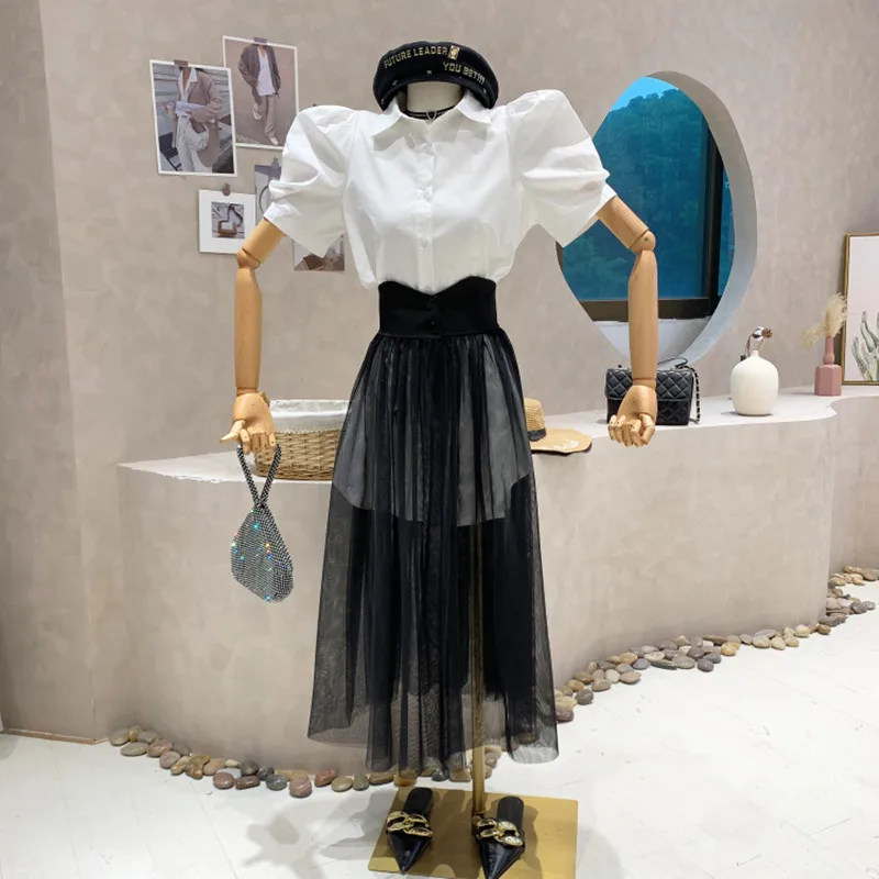 

Niche Design New Women's Clothing 2022 Summer High Waist Fairy Medium Long Mesh Skirt Lapel Short Sleeve Shirt Top Two-piece Set