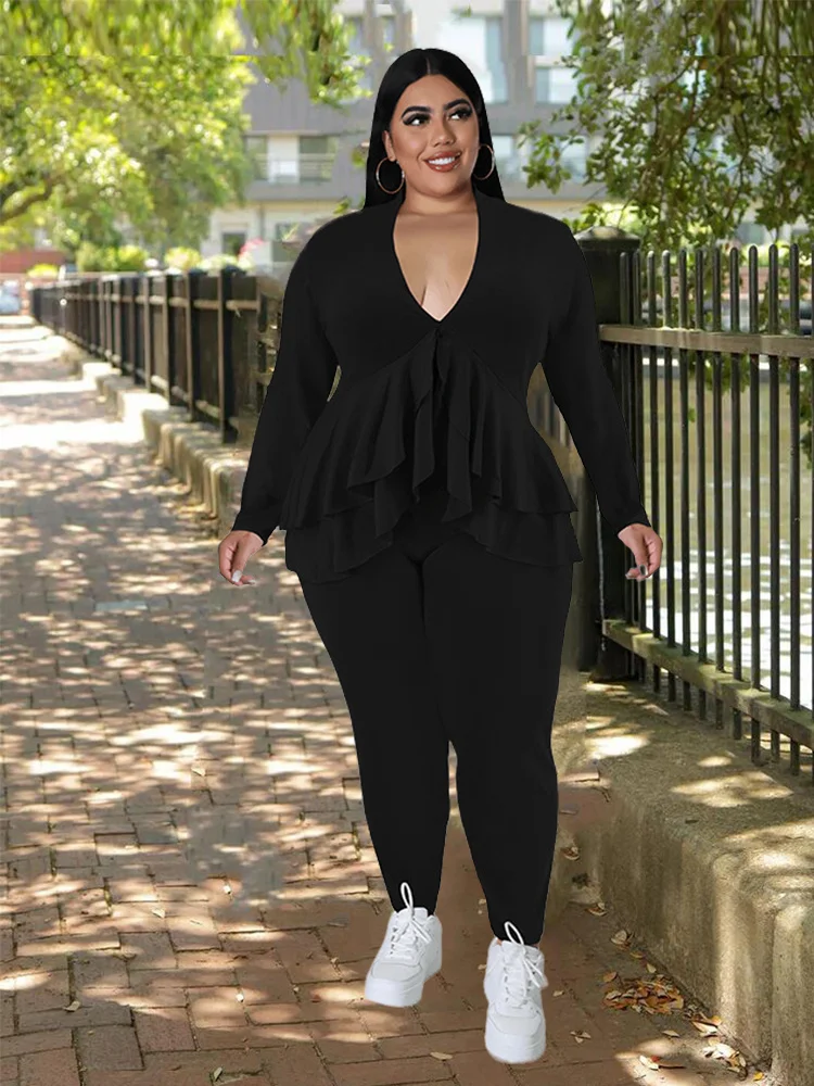 Plus Size Women Clothing Chic and Elegant Pants Suit Set Two Piece Sets Coat Ruffle Blazer Sets Wholesale Bul 3xl 4xl 5xl 6xl