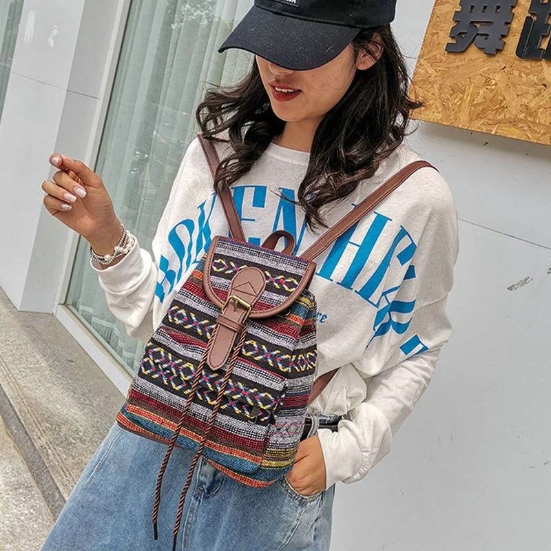 

Chinese Classic Vintage Print Canvas Ethnic Backpack For Women Girls School Travel Rucksack Bohemian Boho Double Shoulder Bag