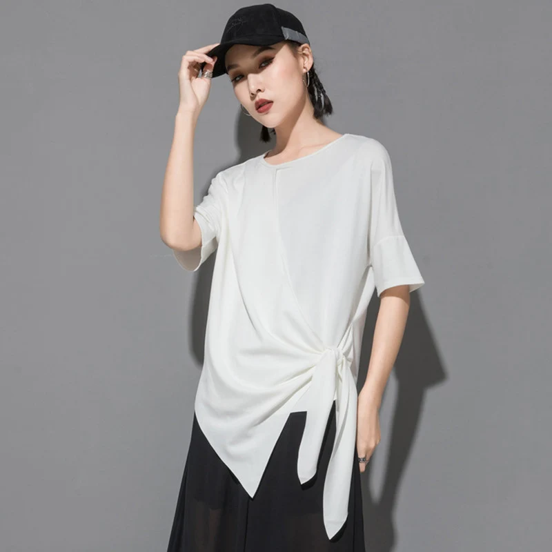 

2023 Summer Women Patchwork Irregular T-Shirt Femme Tops Clothing Fashion Bow Round Neck Short Sleeve Casual Loose Tshirt