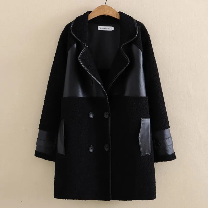 5XL Winter Parka Plus Size Women Clothing Warm Lambswool Splice Leather MD-Length Coat Double-Breasted Thick Reversible Outewear
