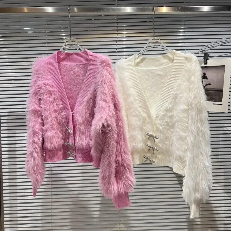

2022 New Style Diamond Butterfly Knot Mink Like Knitting Sweater Cardigan Women Za Fashion Harajuku Clothes Korean Winter Outfit