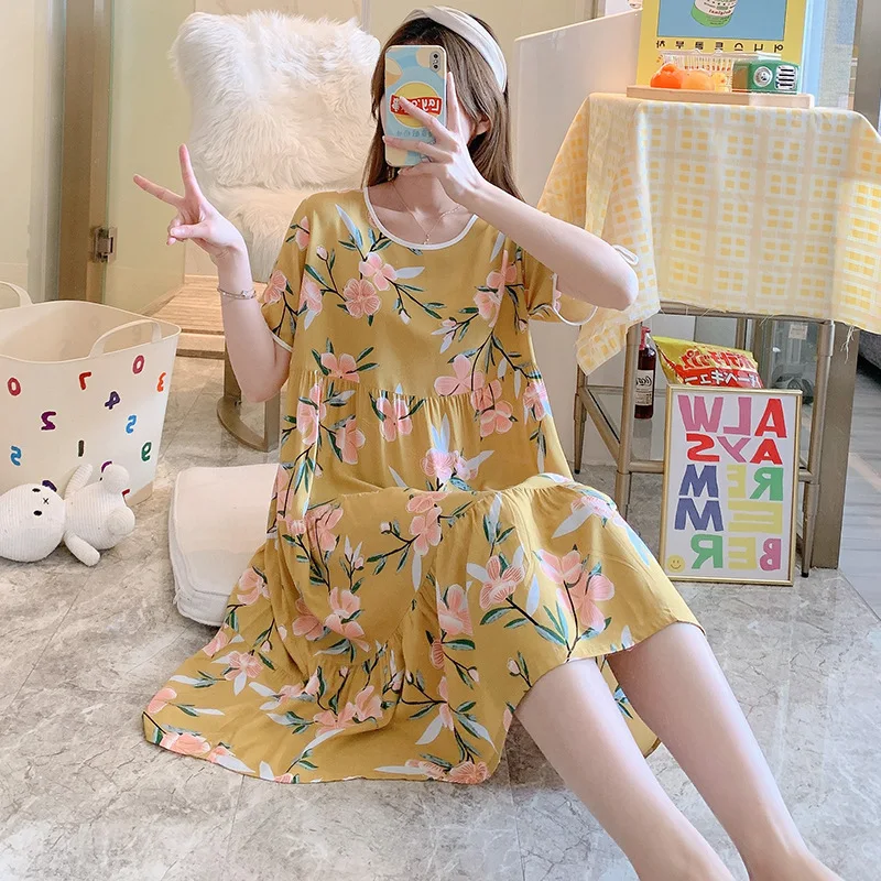Women's Cotton Silk Nightdress Summer Nightgown Short Sleeve Pajamas Set Printing Plus Size Loose Home Wear New