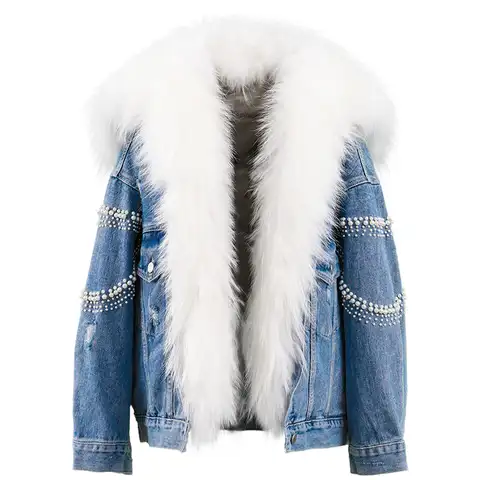 Шубы и дубленки: Denim jacket with fur 