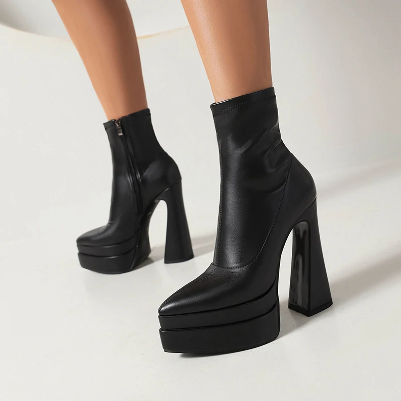 Plus Size Super High Profiled Hollow Out Heel Sexy Stretch Boots Double Layer Platform Plush Inner Winter New Short Boots