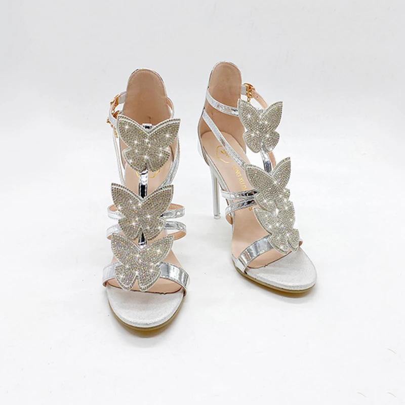 

Women Rhinestone Butterfly High Heel Sandals Summer Sexy Silver Gold Stiletto Party Shoes Designer 2022 Female Shoes Size 42