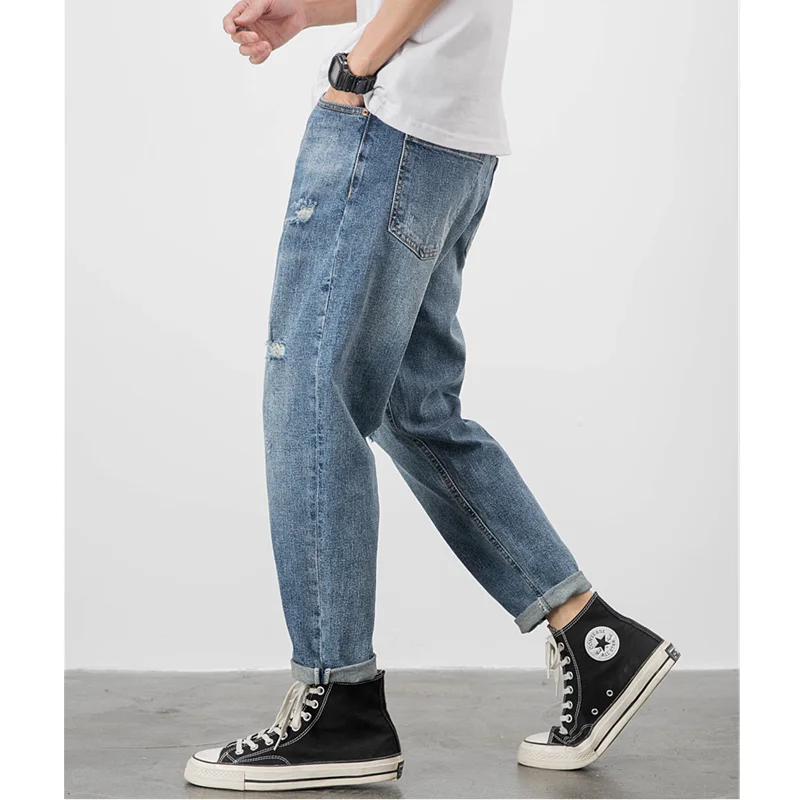 Men Clothing Autumn and Winter New Straight Loose Cylinder Jeans Vintage Elastic Force Comfortable Blue Ripped Trousers Women