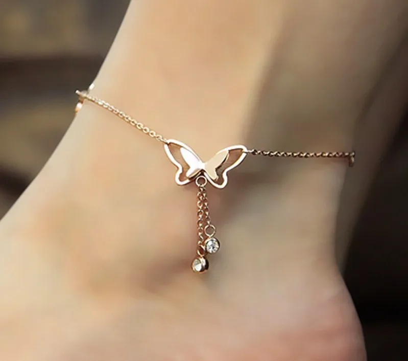 

summer foot accessories temperament hollow butterfly double diamond tassel rose gold anklet rose gold wholesale