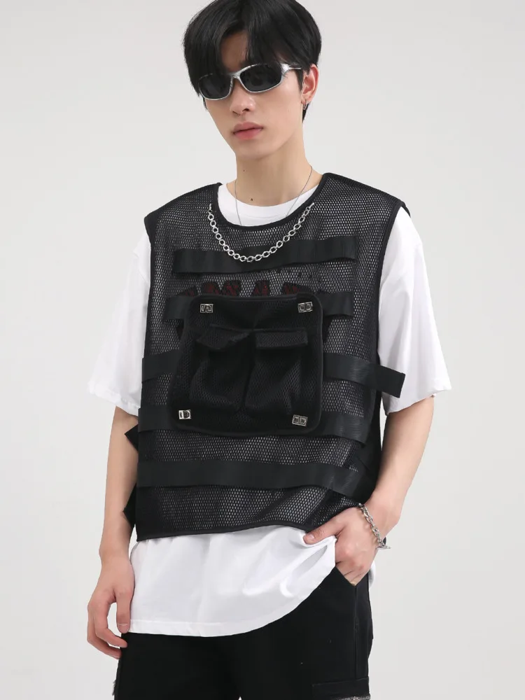 

SYUHGFA Men's Wear 2022 Summer New Korean Streetwear Vest Mesh Pocket Waistcoat Coat Vests For Male