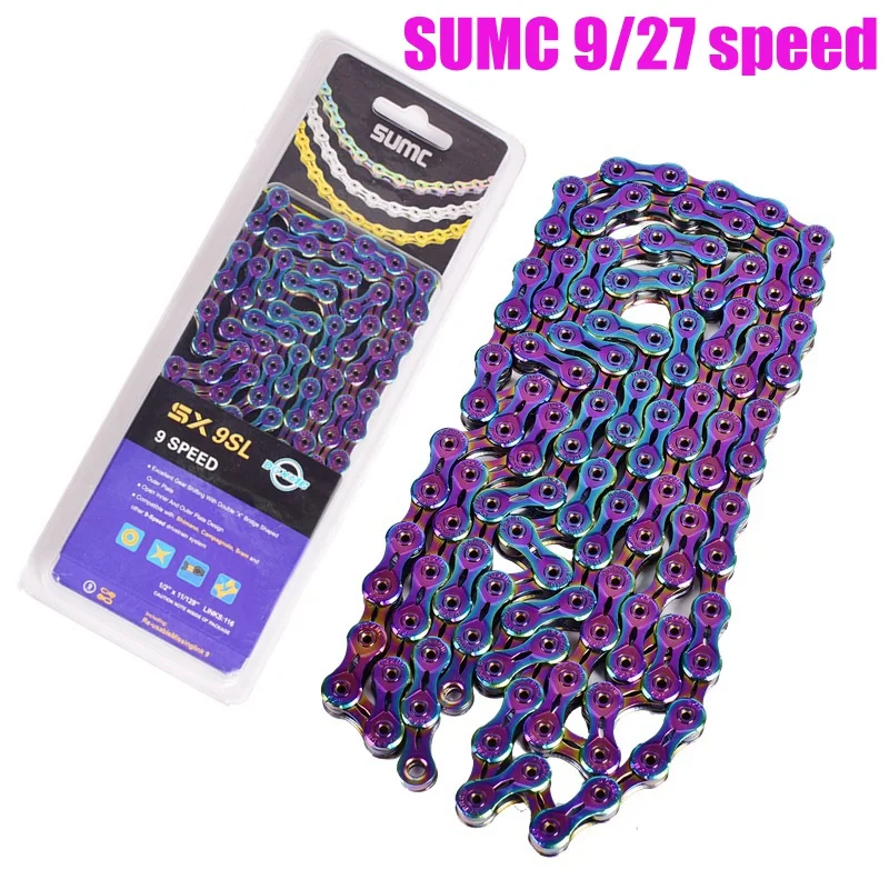

SUMC Bicycle chain 9 speed mountain bike chain X9 Bike Chain X9EL 27S Gold for MTB/Road Bike for M4050 M430 M596 116L rainbow