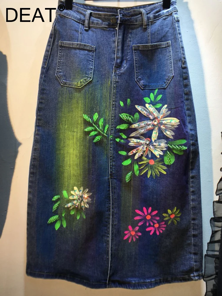 

DEAT Women's Denim Skirt High Waist Diamond Printed Sequins Patchwork Slit Blue Mid Calf Skirts 2023 Summer New Fashion 29L692