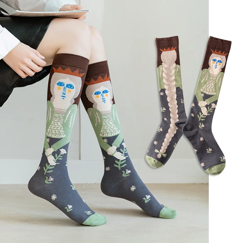 Calf socks European and American ins abstract art knee-length beautiful legs long combed cotton tide socks