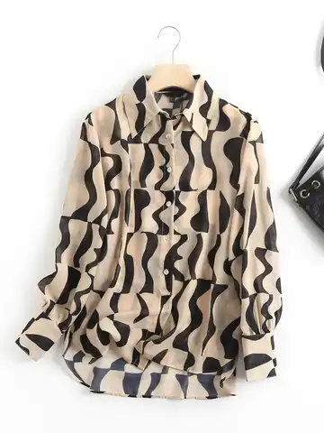 Geometric Pattern Women's Casual Shirt Top Single Breasted Long-sleeved Lapel Chic Female Shirt Tops