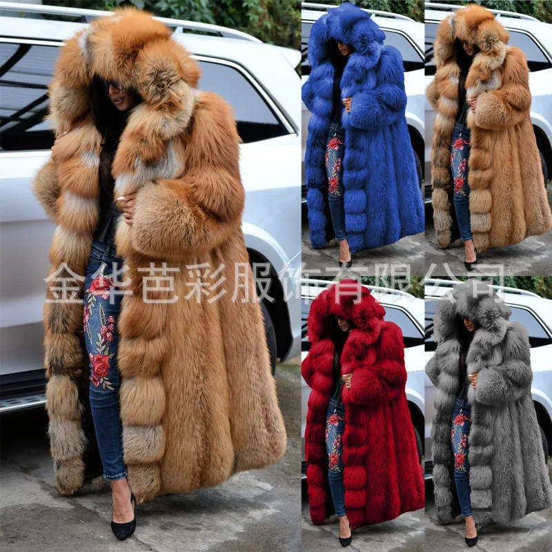 chaqueta mujer abrigo de invierno para mujer European fox fur imitation fur coat, women's long hooded fur integrated fur coat