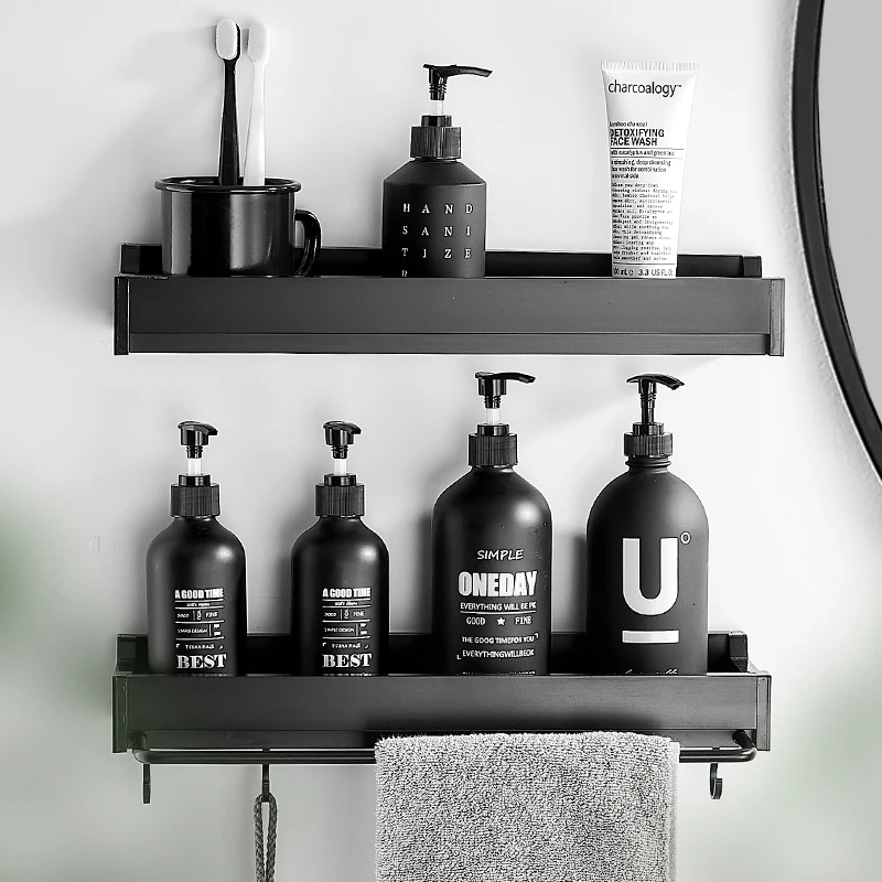 

Черная полка для ванной комнаты с креплением для полотенец полки из алюминия, вешалка для полотенец с крючком, держатель для шампуня, кухонн...