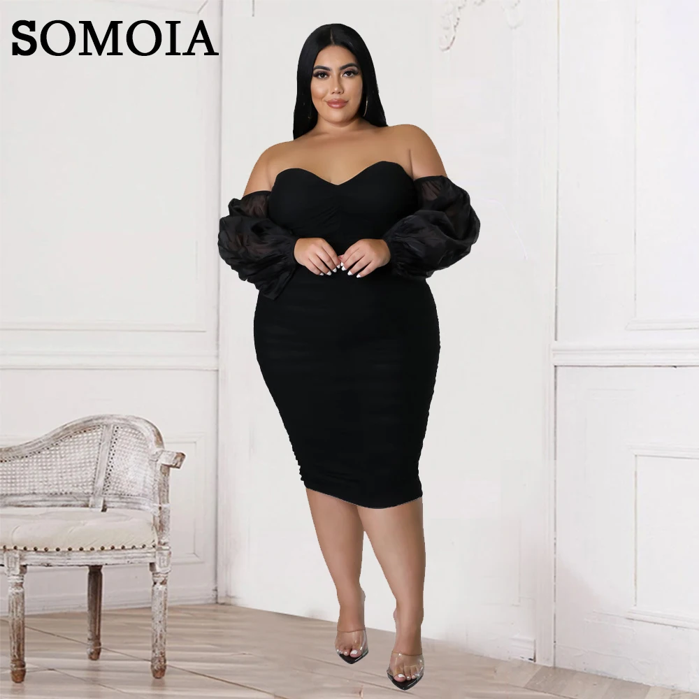 

SOMOIA XL-4XL Plus Size Clothing Tight Mesh Pleated Long Sleeve One Step Dress Solid Color Sexy Dress Wholesale Dropshipping