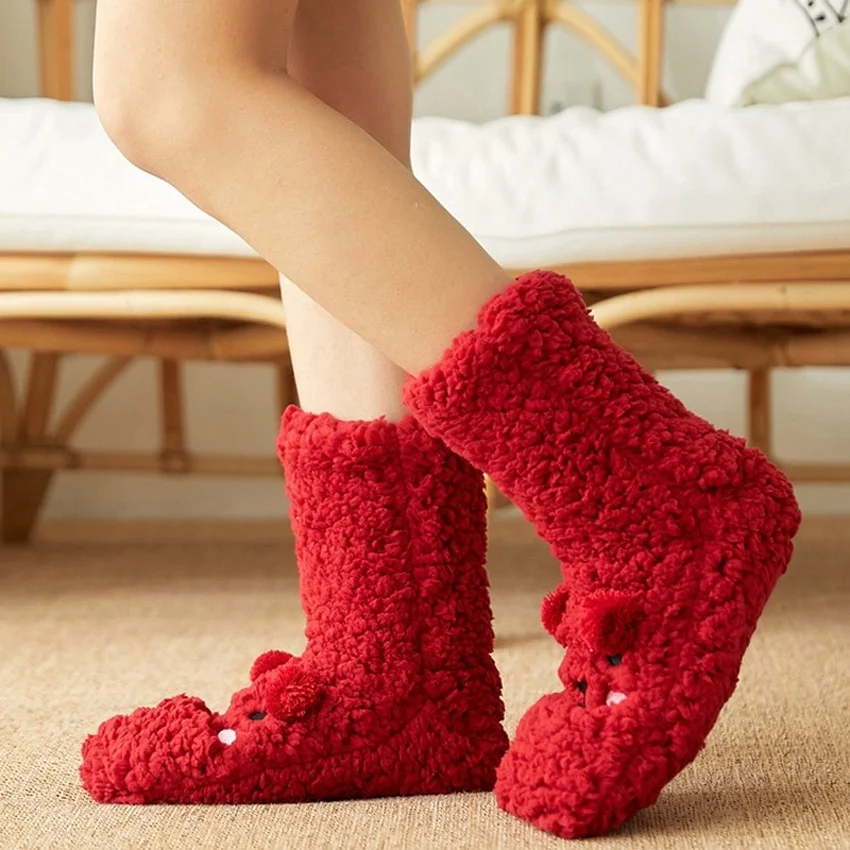 Fuzzy Socks Women Winter Warm Plush Soft Female Fluffy Silicone Anti Slip Non Kawaii Funny cute Bear Slippers Short Sock Casual