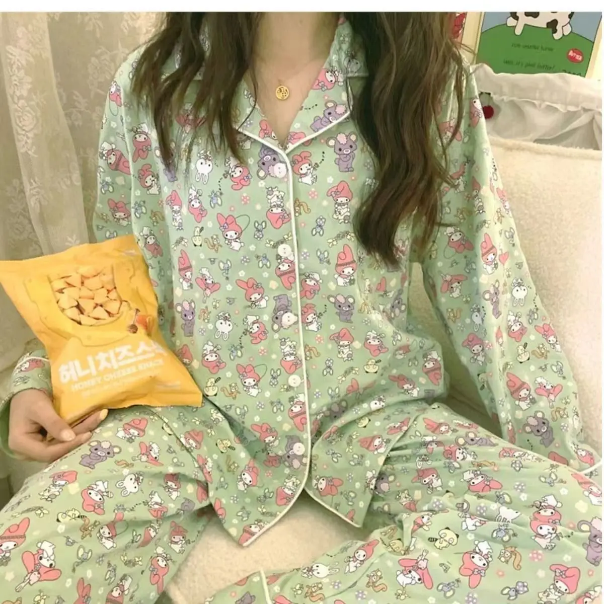Kawaii Pijamas for Yong Girls Women Cute Pink Pajamas 2 Pieces Spring Nightwear Cartoon Sleepwear Home Suits Long Sleeve Pants