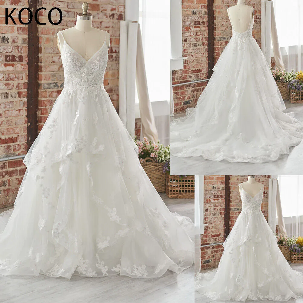 

MACDOUGAL V Neck Ruffles Wedding Dresses Lace Appliques Sweep Train Bridal Gowns Backless vestido de noiva robe de mariée Custom