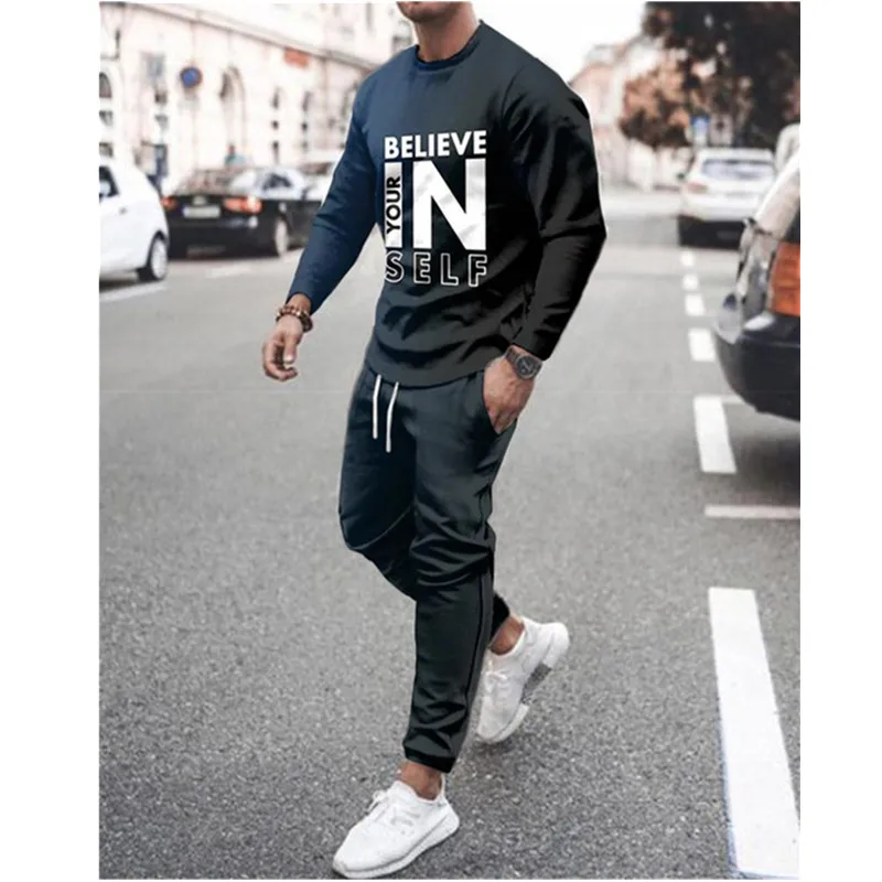 

Men's Suit Autumn Winter Man Fashion Casual Music Notation Long Sleeve T-Shirt Jogging Sports Pants Two Piece Set