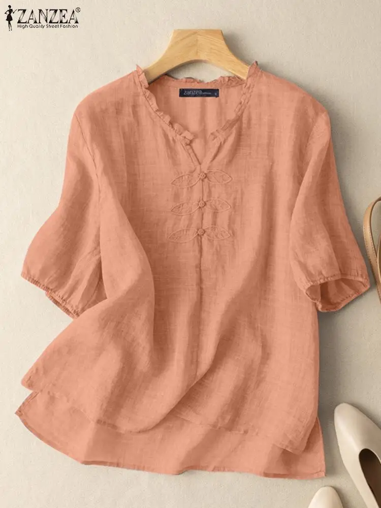 

Модные рубашки с вышивкой ZANZEA, летняя женская блузка с V-образным вырезом и рукавом до локтя, Повседневная Асимметричная рубашка на пуговицах