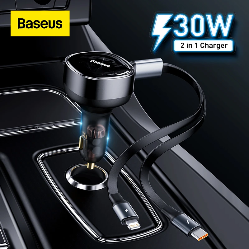 

Baseus 2-in-1 Car Charger PD 20W Fast Charging For iPhone 13 Retractable Cable 30W Quick Charging Car Phone Charger For Xiaomi12