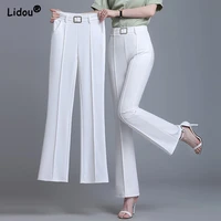 office lady summer solid color elegant full length boot cut pants elastic waist fashion slender wild straight womens clothing