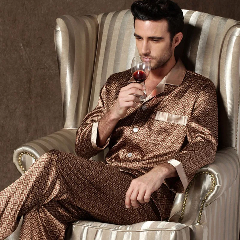 Spring /Autumn Silk Plus Size Home Clothing Men's Pajamas Sets Silk Long-sleeved Sleepwear Ice  Pyjamas Suit Home Wear Sleepwear