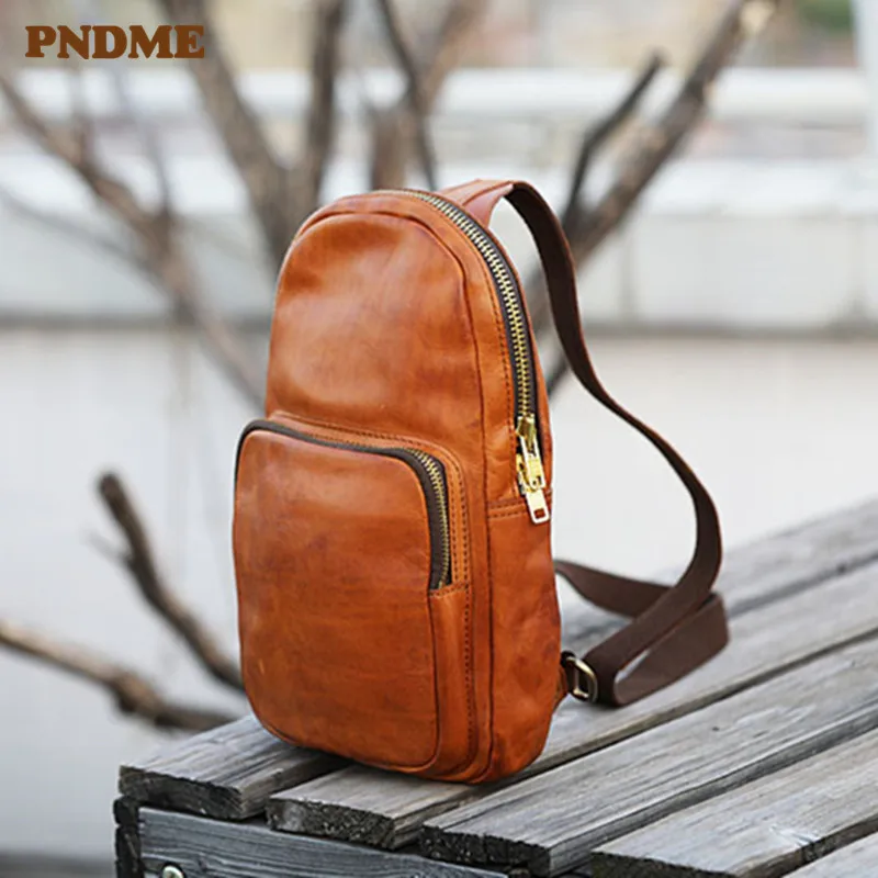 PNDME high quality genuine leather men chest bag simple casual outdoor daily luxury natural real cowhide designer crossbody bag