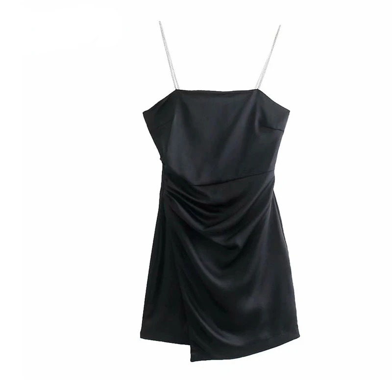 

2022 Fashion Za Women Solid Gem Sling Midi Dress Vintage Party Back Zipper Backless Thin Straps Female Dresses Vestidos|Dresses