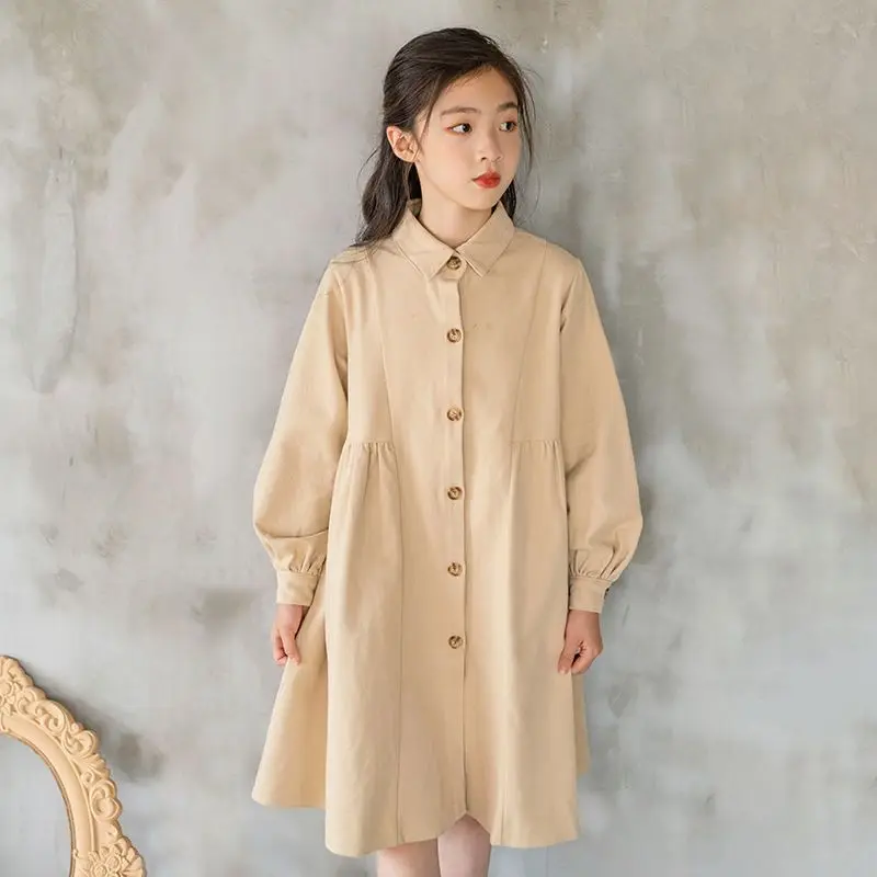 

One-Piece Shirt Dress Girls Dress Fall 2023Autumn Lapel A-Line Dress Long Dresses Kids Long Cotton Dress